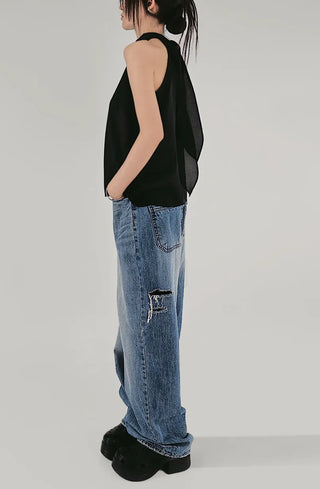SATIN SCARF LOOSE FIT HALTER NECK SLEEVELESS BLOUSE