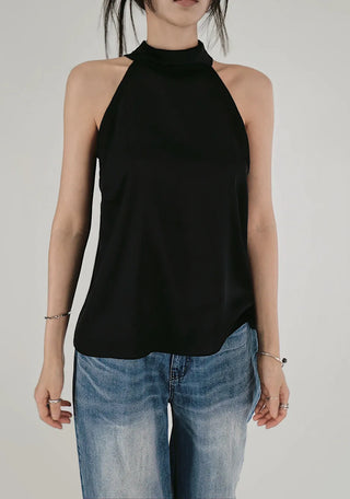 SATIN SCARF LOOSE FIT HALTER NECK SLEEVELESS BLOUSE