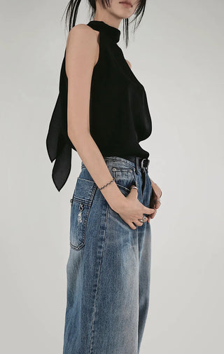 SATIN SCARF LOOSE FIT HALTER NECK SLEEVELESS BLOUSE