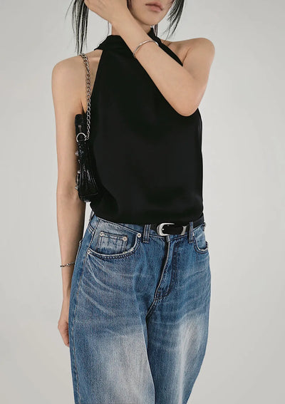SATIN SCARF LOOSE FIT HALTER NECK SLEEVELESS BLOUSE