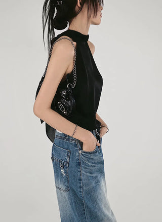 SATIN SCARF LOOSE FIT HALTER NECK SLEEVELESS BLOUSE