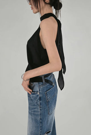 SATIN SCARF LOOSE FIT HALTER NECK SLEEVELESS BLOUSE