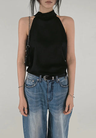 SATIN SCARF LOOSE FIT HALTER NECK SLEEVELESS BLOUSE
