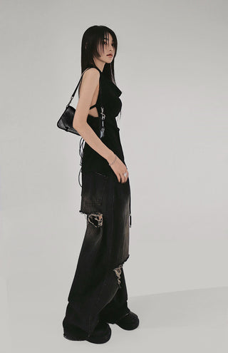 BLACK TONE DARK VINTAGE DAMAGE WIDE DENIM