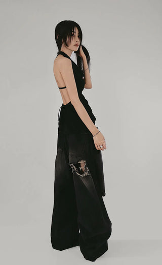 BLACK TONE DARK VINTAGE DAMAGE WIDE DENIM