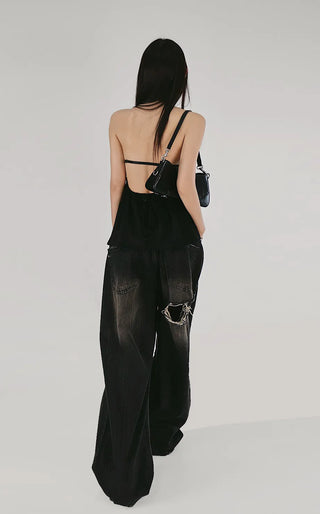 BLACK TONE DARK VINTAGE DAMAGE WIDE DENIM