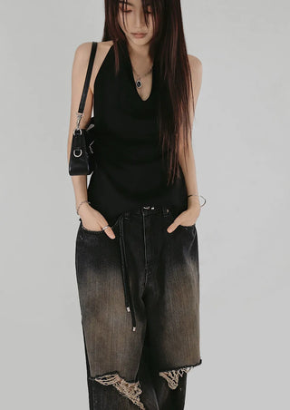 BLACK TONE DARK VINTAGE DAMAGE WIDE DENIM