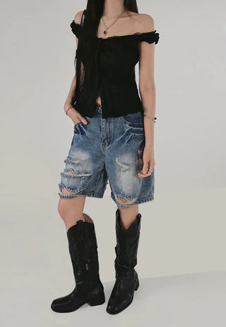 LITTLE LACE SLUB FRILL OFF-SLEEVELESS BLOUSE