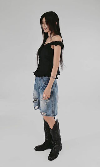 LITTLE LACE SLUB FRILL OFF-SLEEVELESS BLOUSE