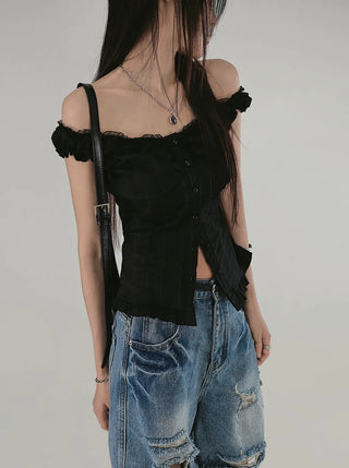 LITTLE LACE SLUB FRILL OFF-SLEEVELESS BLOUSE