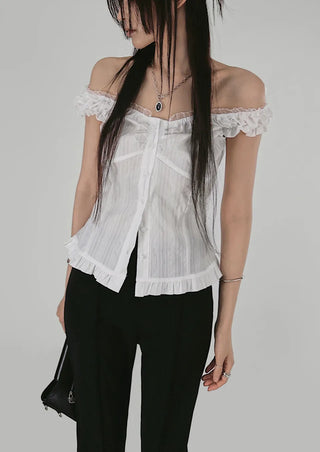 LITTLE LACE SLUB FRILL OFF-SLEEVELESS BLOUSE