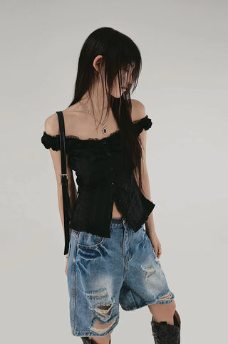 LITTLE LACE SLUB FRILL OFF-SLEEVELESS BLOUSE