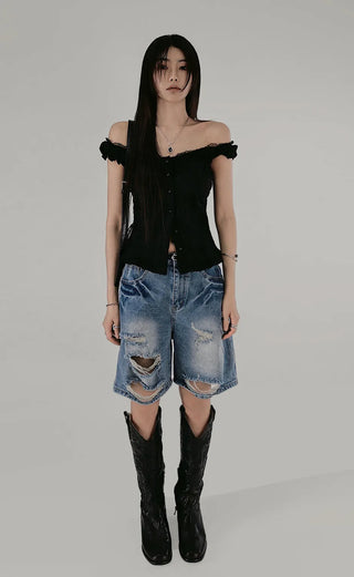 LITTLE LACE SLUB FRILL OFF-SLEEVELESS BLOUSE