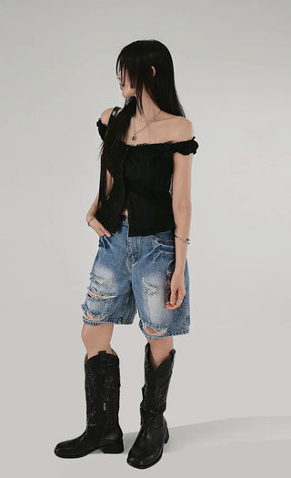 LITTLE LACE SLUB FRILL OFF-SLEEVELESS BLOUSE