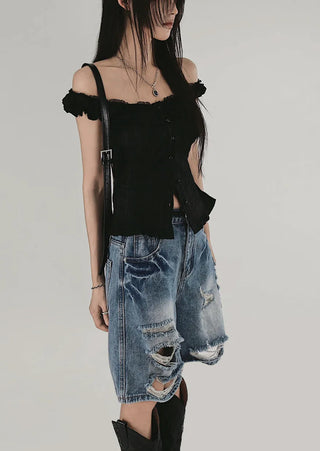 LITTLE LACE SLUB FRILL OFF-SLEEVELESS BLOUSE