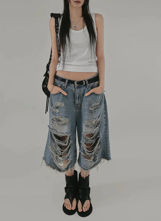 DEST HOT BERMUDA DAMAGE DENIM PANTS