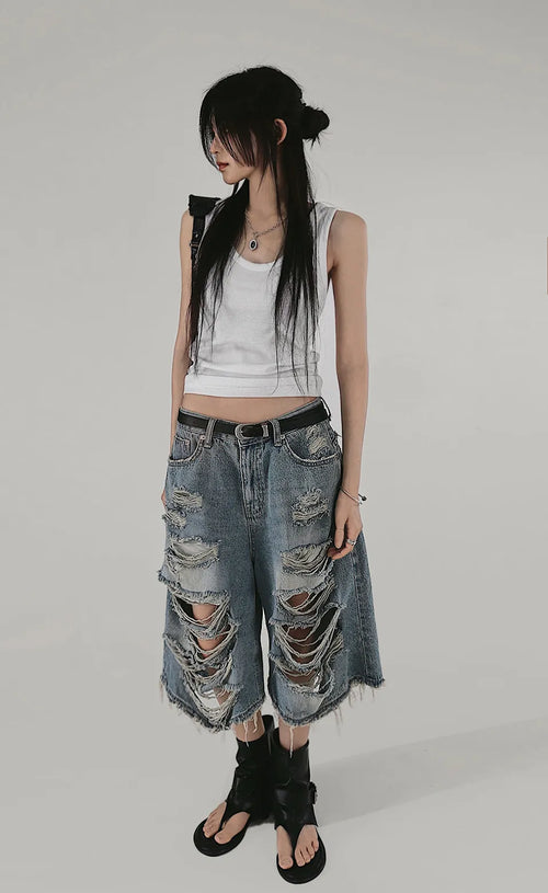 DEST HOT BERMUDA DAMAGE DENIM PANTS