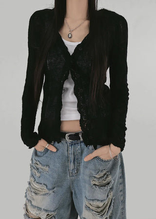 ETHNIC LOOSE FIT LACE FRILL KNIT CARDIGAN