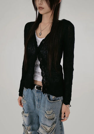 ETHNIC LOOSE FIT LACE FRILL KNIT CARDIGAN