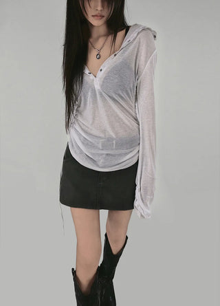 MORE SEE-THROUGH SNAP BUTTON V-NECK STRAP HALF HOODIE