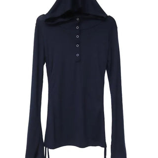 MORE SEE-THROUGH SNAP BUTTON V-NECK STRAP HALF HOODIE