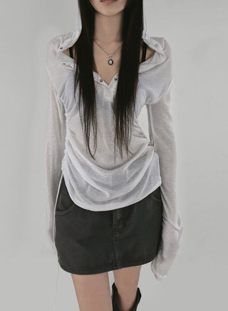 MORE SEE-THROUGH SNAP BUTTON V-NECK STRAP HALF HOODIE