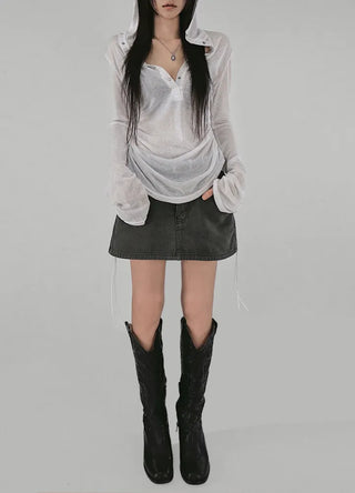 MORE SEE-THROUGH SNAP BUTTON V-NECK STRAP HALF HOODIE