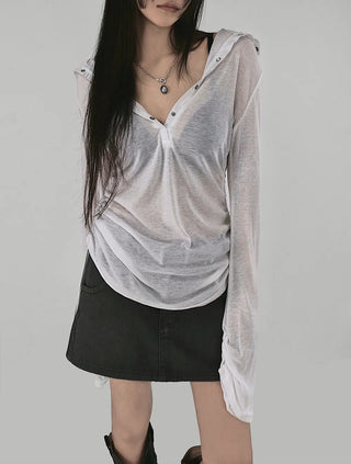MORE SEE-THROUGH SNAP BUTTON V-NECK STRAP HALF HOODIE
