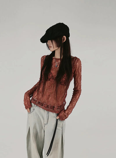 THE FLOWER SEE-THROUGH LACE LONG-SLEEVED T