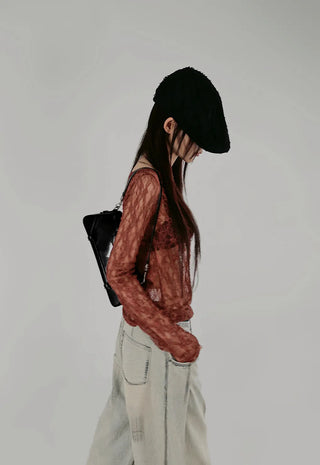 THE FLOWER SEE-THROUGH LACE LONG-SLEEVED T