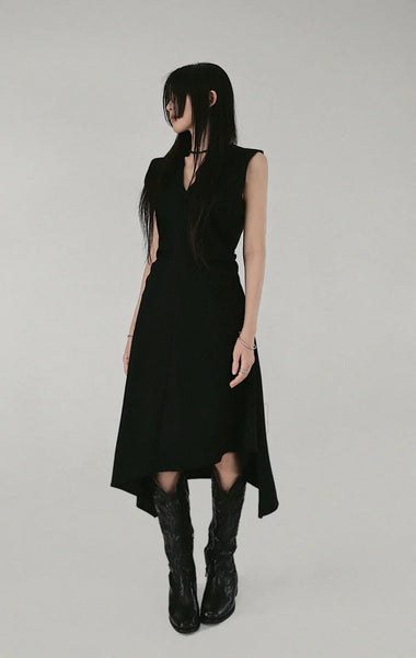 TEN SHIRRING UNBAL DEEP V-NECK LINE LONG DRESS
