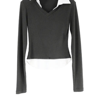 O COLLAR NECK DOUBLE LAYERED V-NECK T-SHIRT