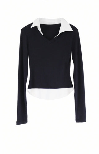 O COLLAR NECK DOUBLE LAYERED V-NECK T-SHIRT