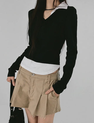 O COLLAR NECK DOUBLE LAYERED V-NECK T-SHIRT