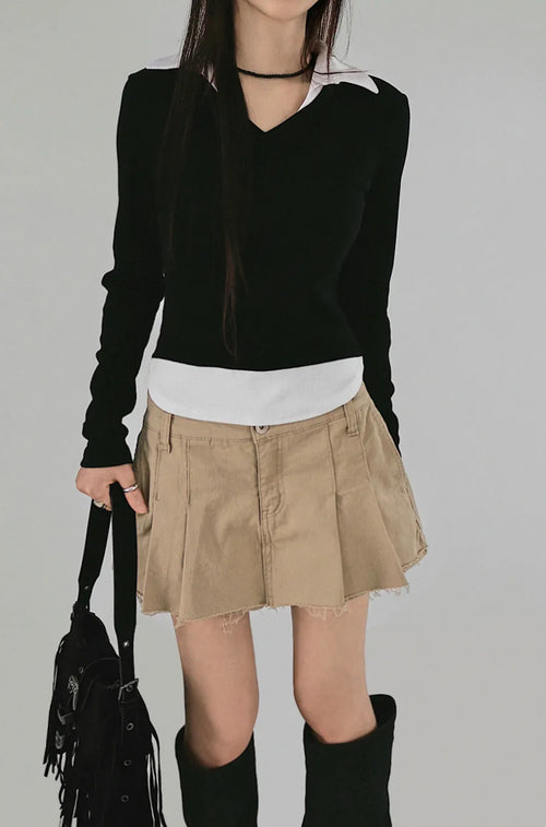 O COLLAR NECK DOUBLE LAYERED V-NECK T-SHIRT