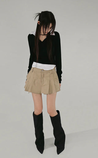 O COLLAR NECK DOUBLE LAYERED V-NECK T-SHIRT