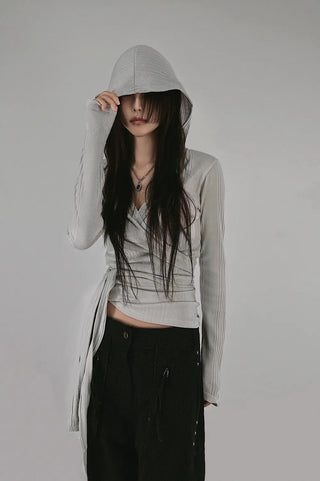 IS WRAP HOOD V-NECK STRAP HOODED CARDIGAN