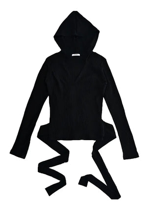 IS WRAP HOOD V-NECK STRAP HOODED CARDIGAN