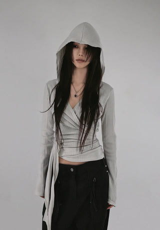 IS WRAP HOOD V-NECK STRAP HOODED CARDIGAN