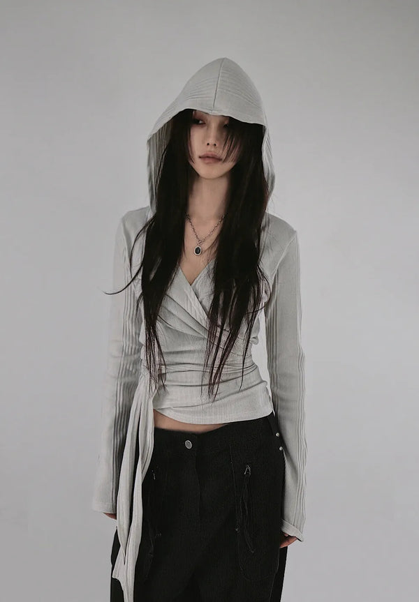 IS WRAP HOOD V-NECK STRAP HOODED CARDIGAN