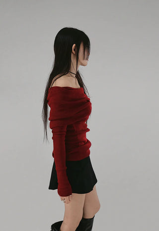 SHUSHU SOFT HALF OFF-SHOULDER KNIT Shushu Soft Loose Fit Half Off-Shoulder Knit