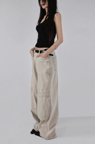 Kangaroo Pocket Cutting Line Cotton Wide Pants
