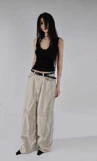 Kangaroo Pocket Cutting Line Cotton Wide Pants