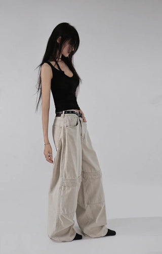 Kangaroo Pocket Cutting Line Cotton Wide Pants
