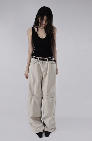 Kangaroo Pocket Cutting Line Cotton Wide Pants
