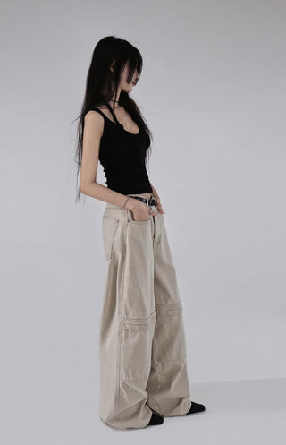 Kangaroo Pocket Cutting Line Cotton Wide Pants