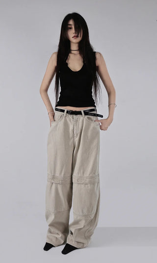 Kangaroo Pocket Cutting Line Cotton Wide Pants
