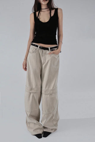Kangaroo Pocket Cutting Line Cotton Wide Pants