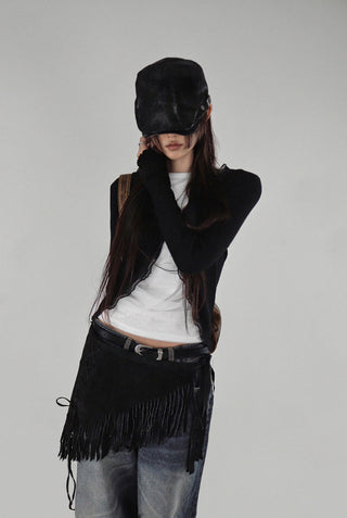 NELL MESH DOUBLE LAYERED SHIRRING LONG SLEEVE TEE