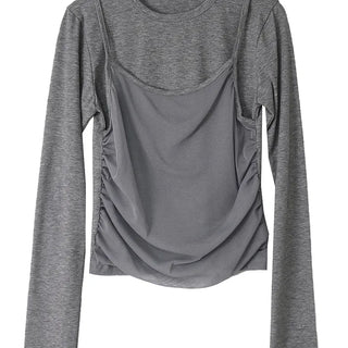 NELL MESH DOUBLE LAYERED SHIRRING LONG SLEEVE TEE